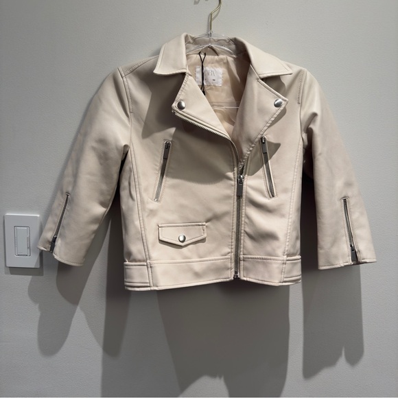 Zara Other - Zara Cream Kids Jacket Faux Leather Cream Biker Jacket Size 7 Girls